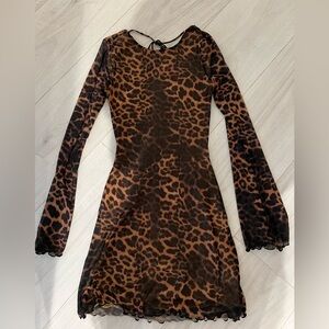 White Fox Leopard Print Sheer Long Sleeve Mini Dress - Brown/Black